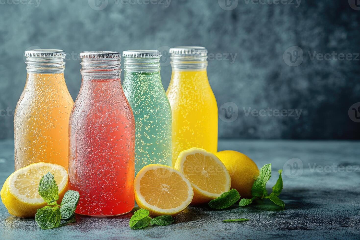 Colorful lemonade bottles with fresh mint and lemon slices refreshing summer drink photo