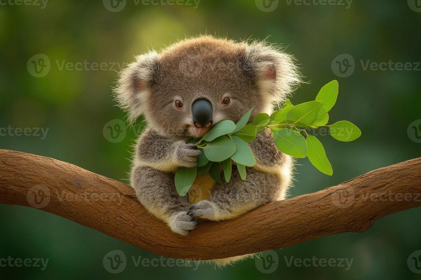 Adorable baby koala eating eucalyptus leaves on a branch photo