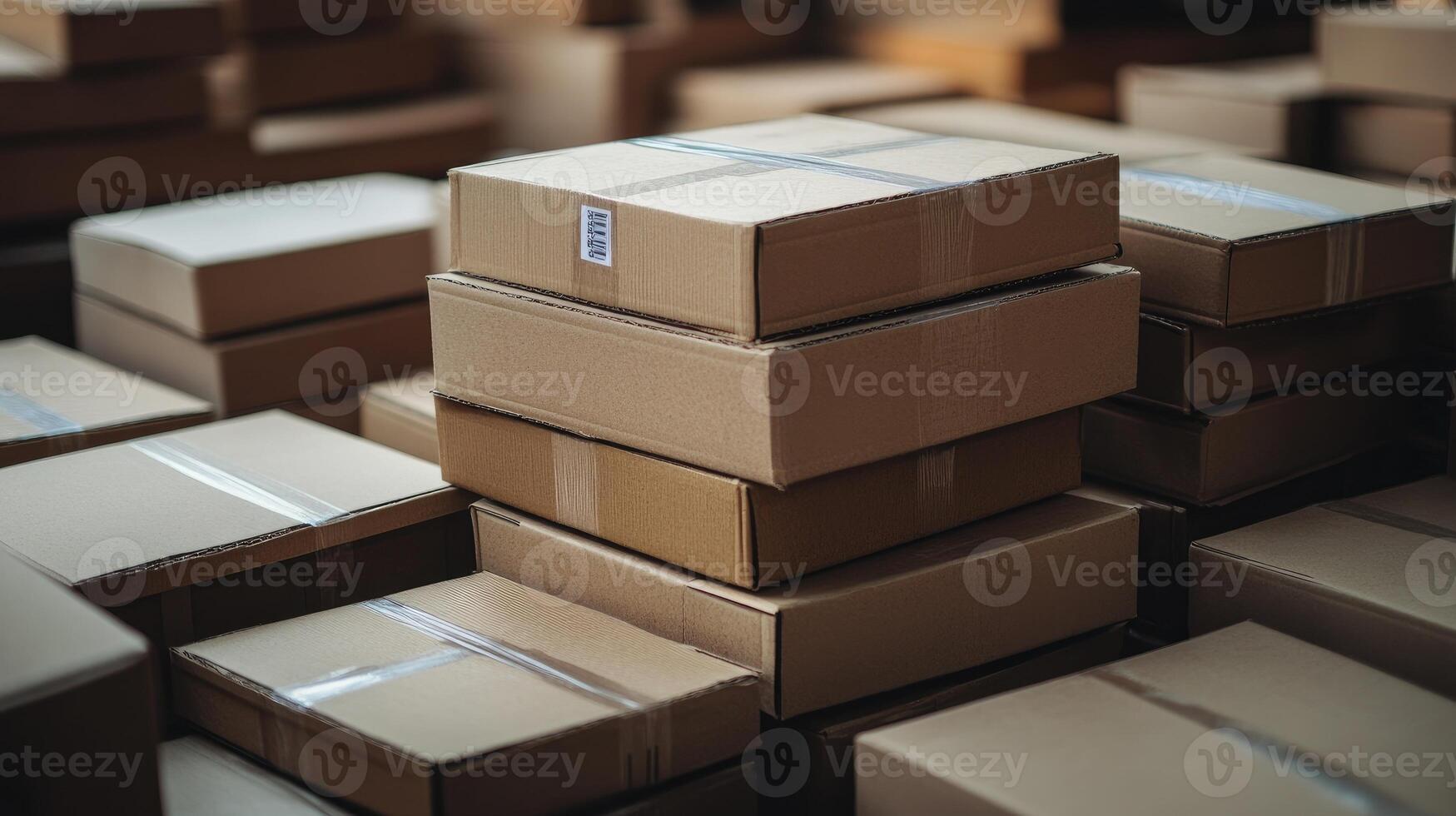 Cardboard boxes stacked in distribution warehouse symbolizing logistics and e-commerce photo
