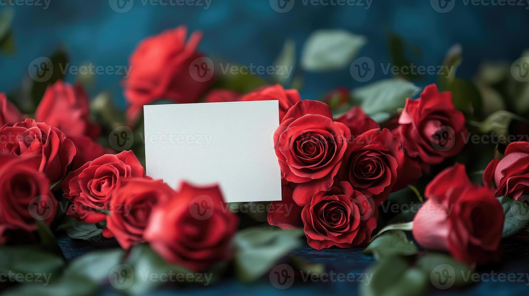 Blank card displayed among vibrant red roses blooming. photo