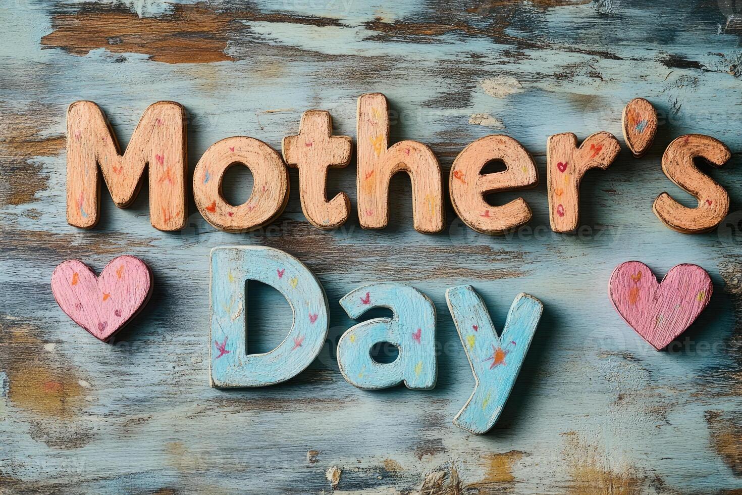 Mother's day greeting card with wooden letters and hearts on rustic background photo