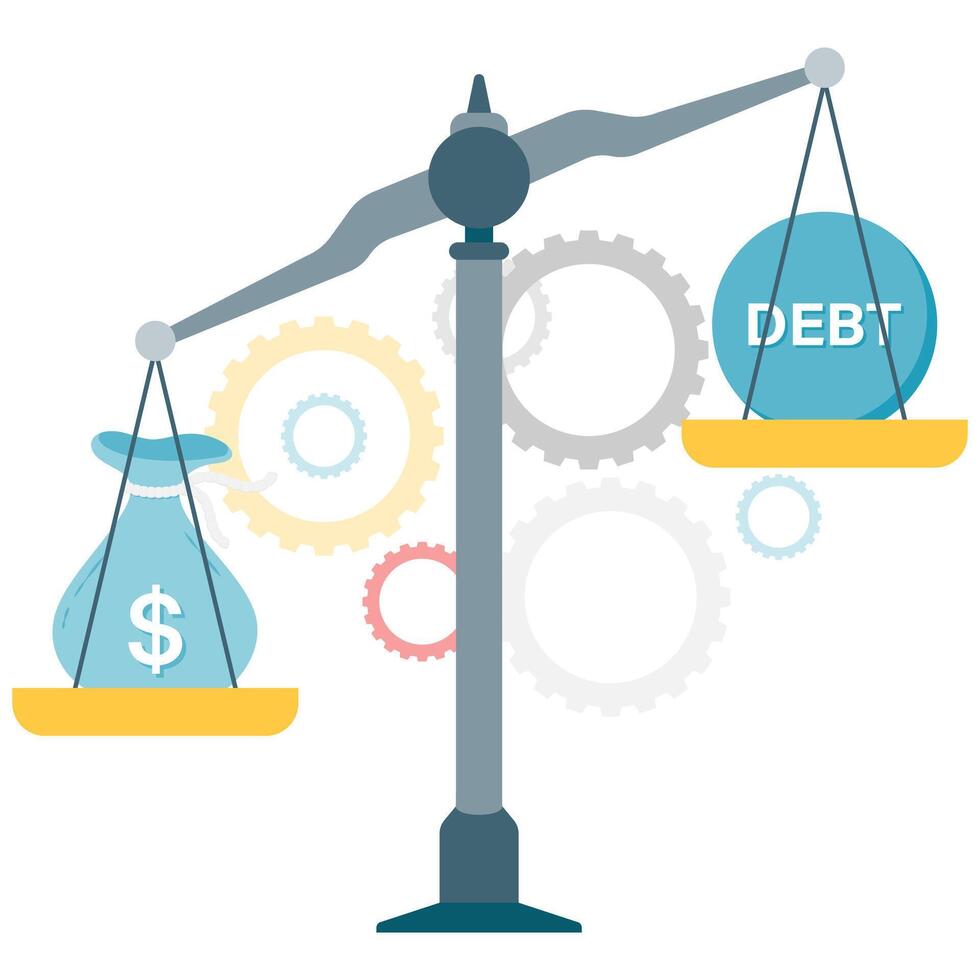 debt management, money bag and loan scales with gear background vector