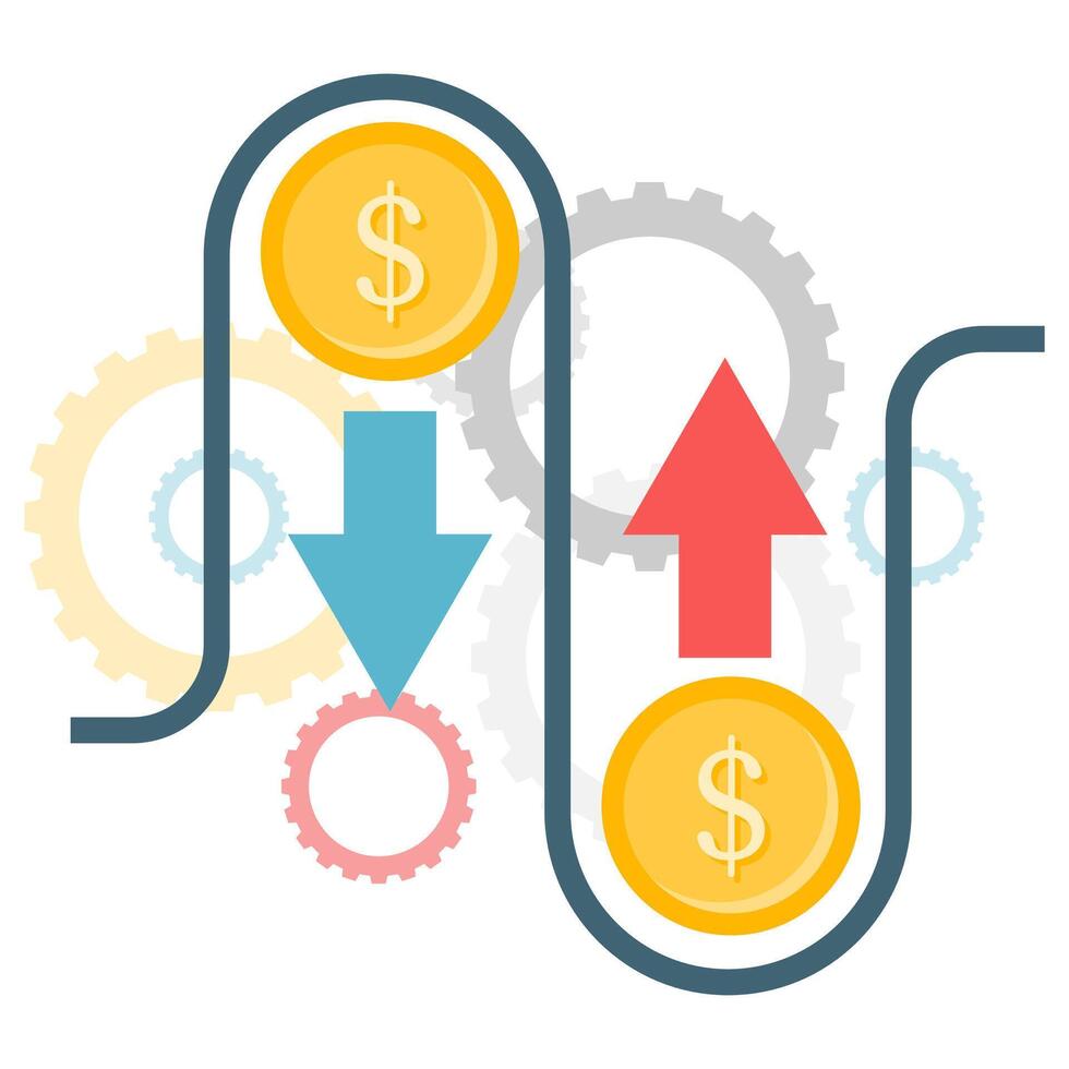 financial cash flow, illustration of cash flow in and out with gear background vector