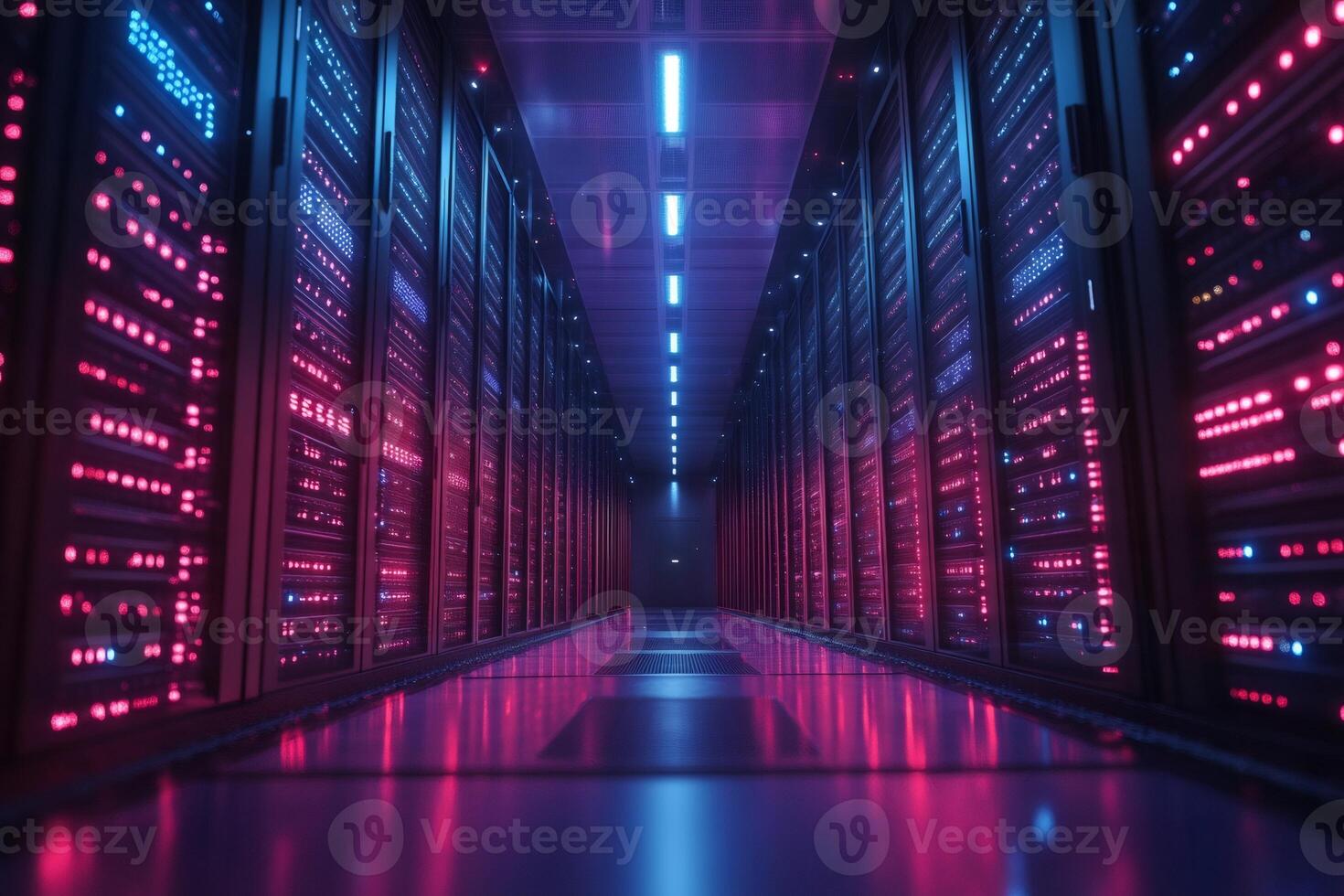 Server Room with Neon Lights illuminating Corridor in Data Center photo