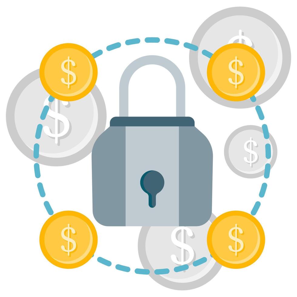 padlock surrounded by coins, payments and finance vector