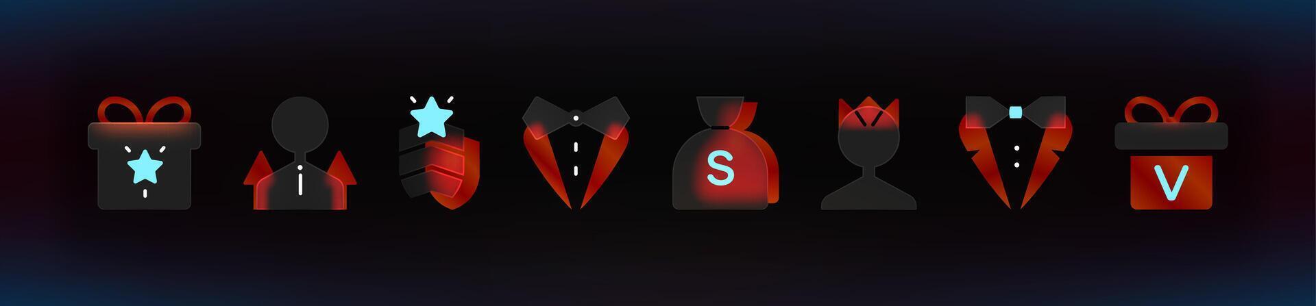 Red Game Rewards and Status Icons on the dark background .Glassmorphism UI red icons set. Blurry VIP icons. vector