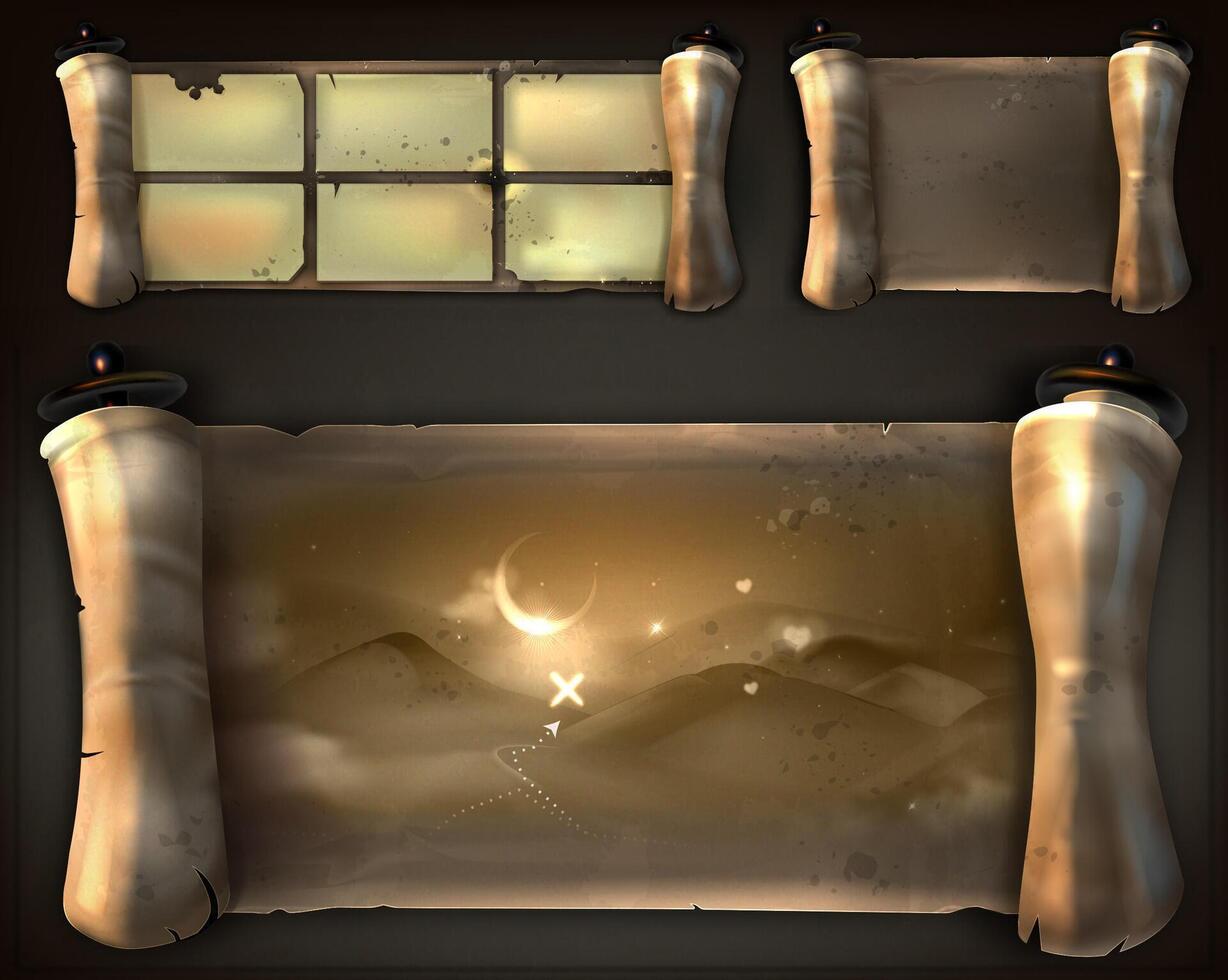 Set of Ancients Desert Treasure Map of parchment paper on the dark background. The scrolls is old and worn. The paper is brown and has a slightly rough texture. Ancient Scroll UI Set vector