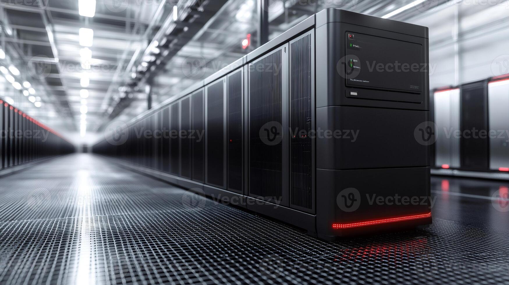 Modern server racks storing big data in a data center with red lights photo