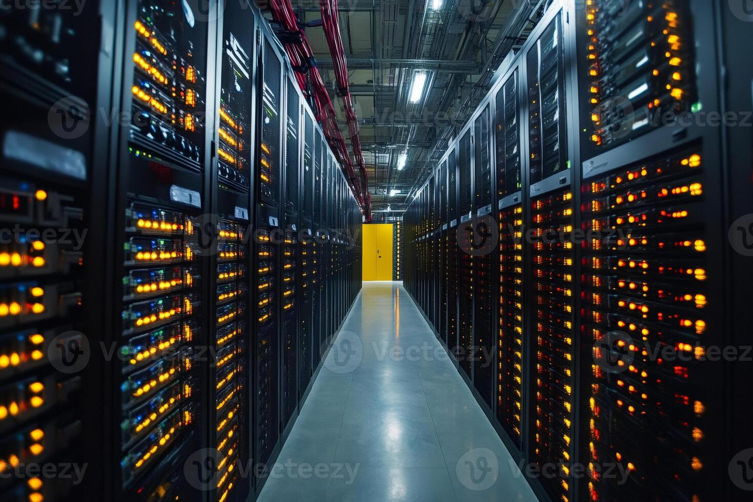 Server racks storing data in a modern data center with blinking lights photo
