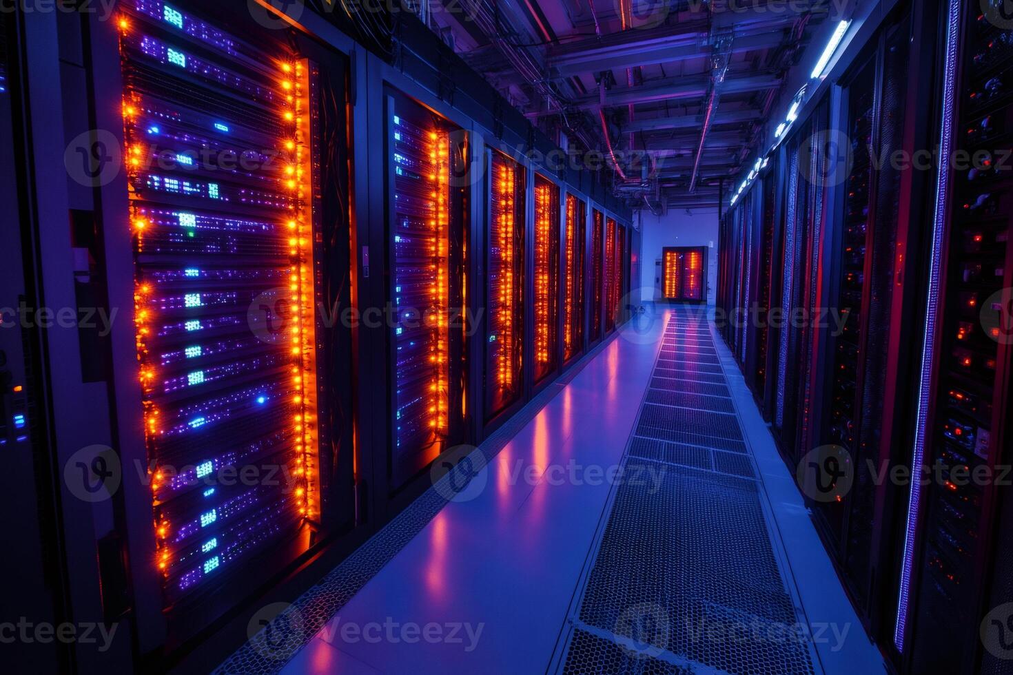 Server racks glowing in modern data center with blue and orange lights photo
