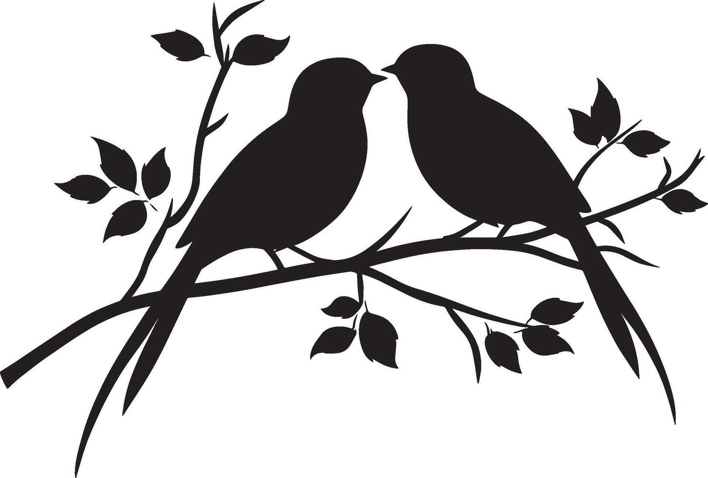 Black illustration of two birds on a branch for a love Valentine's concept silhouette vector