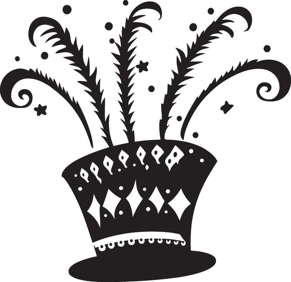 Simple black outline illustration of a decorated Mardi Gras hat with clean design vector