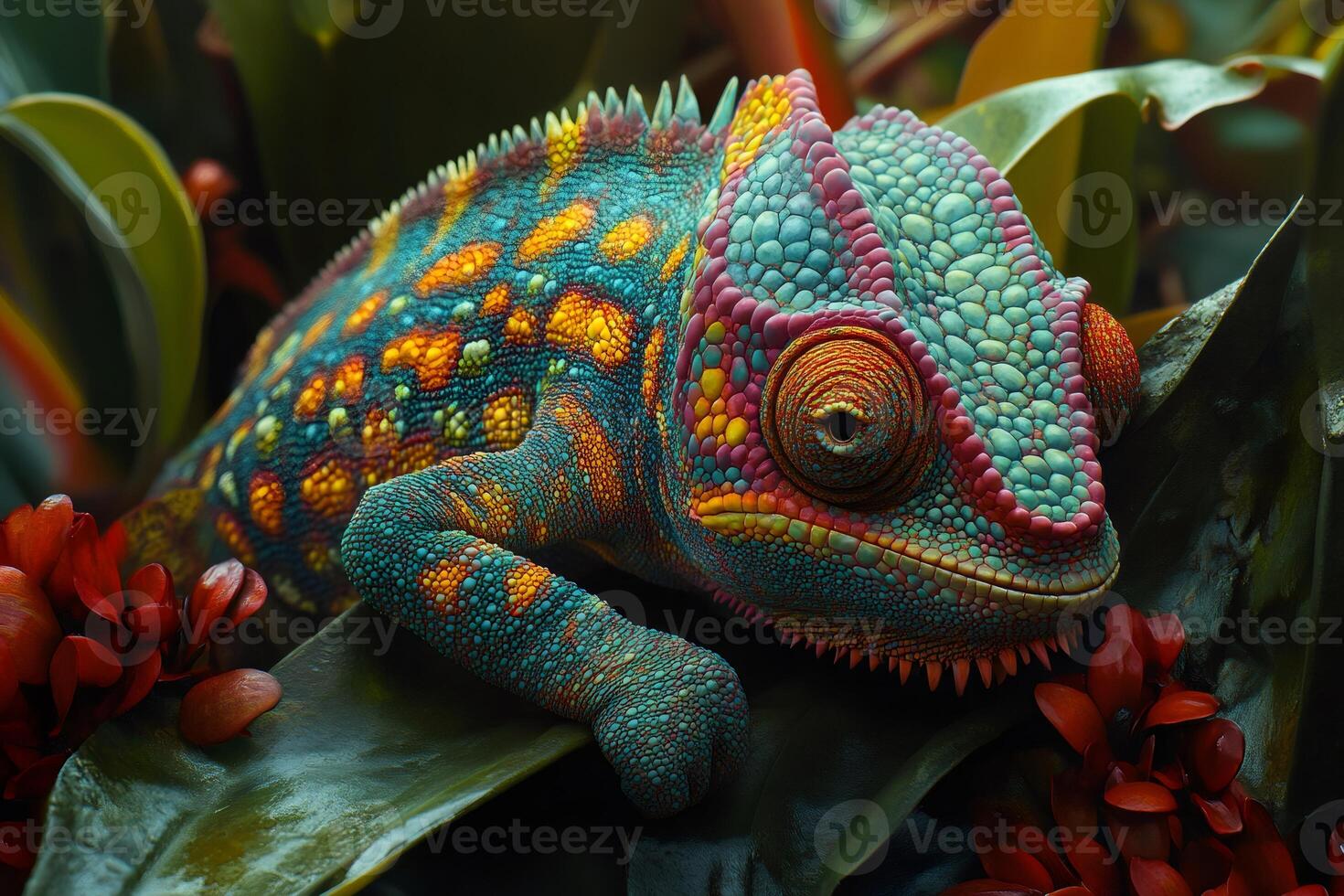 Colorful chameleon resting on a leaf in the rainforest photo