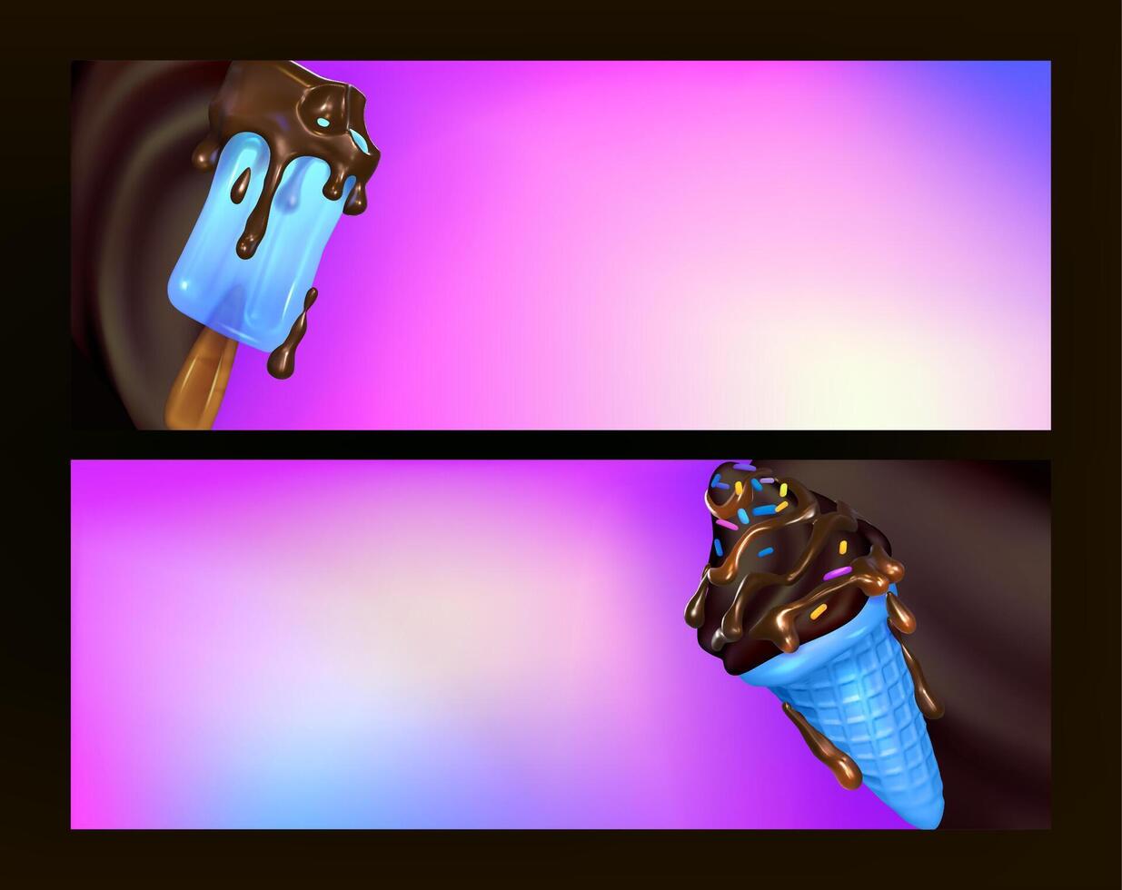 Banners a Blue Ice Cream Delights. Ice cream advertising composition. Realistic summer 3D design in cartoon style vector
