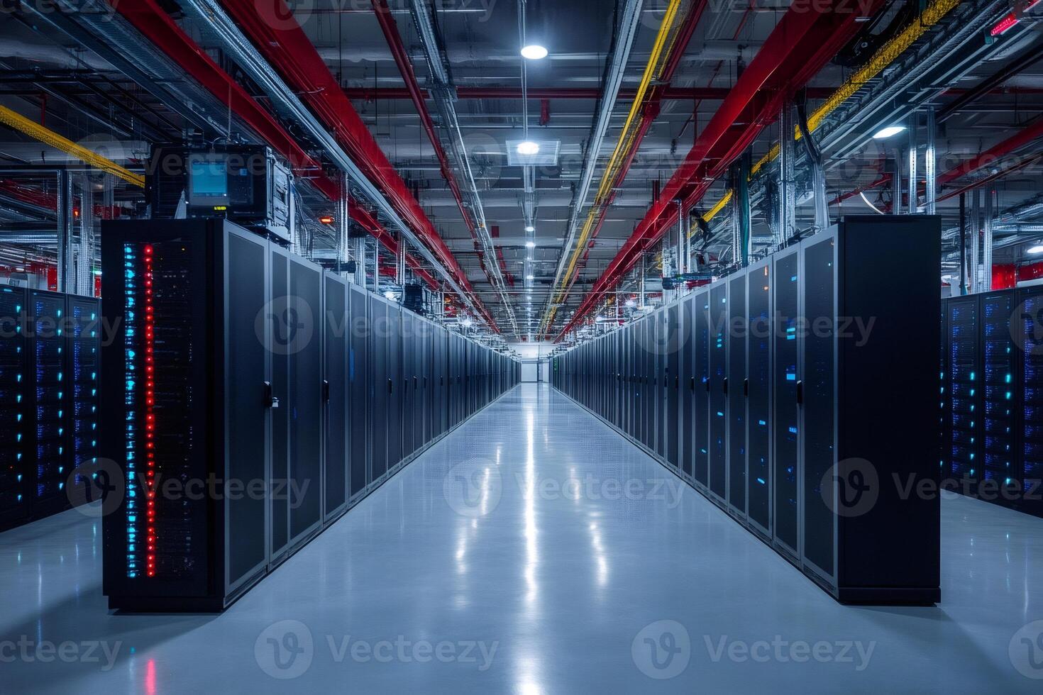 Server racks emitting light in large data center with nobody around photo