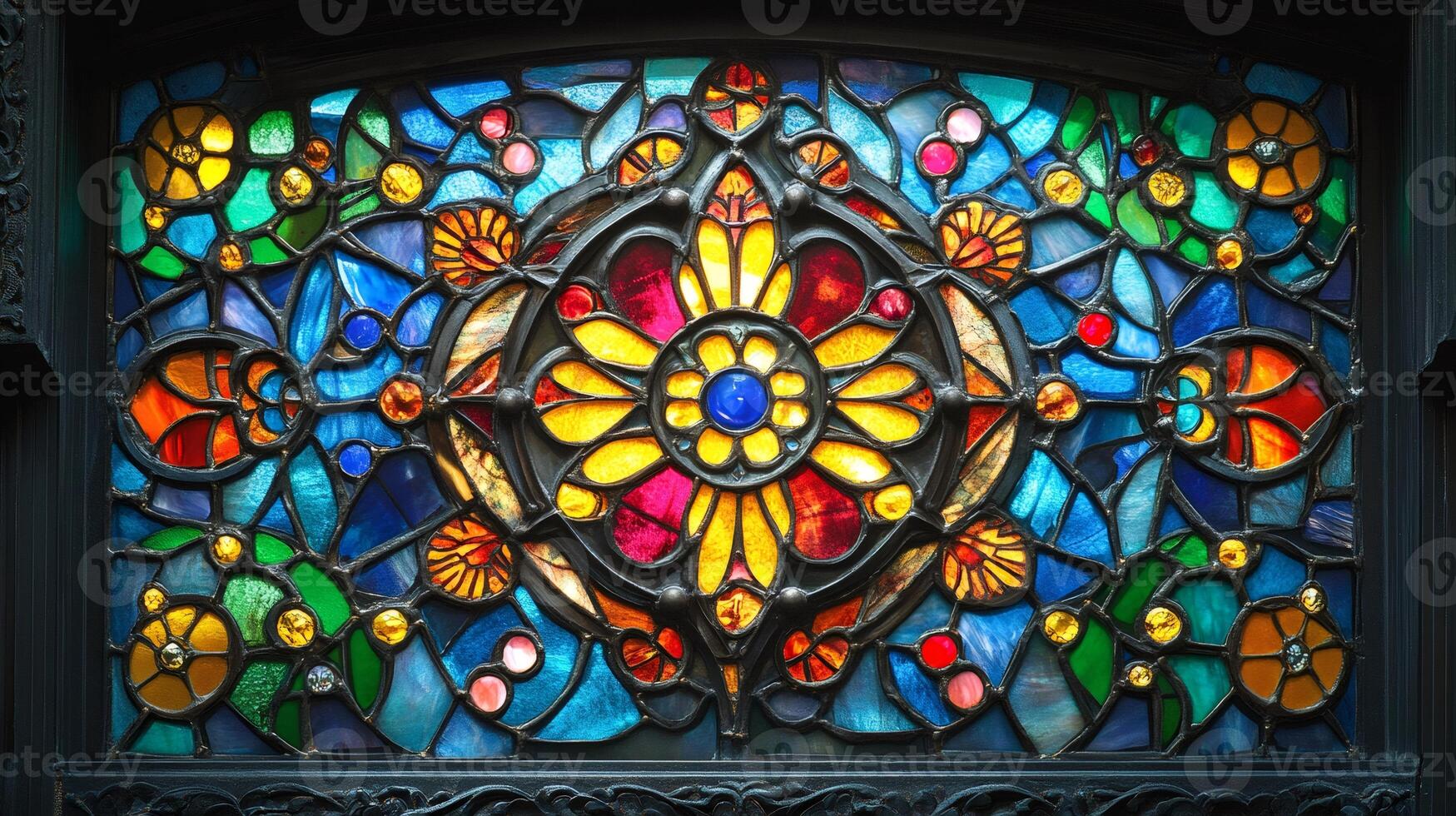 Beautiful colorful stained glass window depicting a floral pattern with various shapes and colors photo