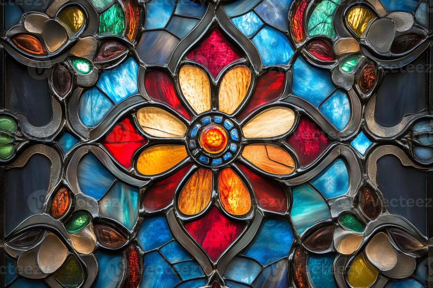 Stained glass window showcasing a vibrant flower design with intricate details and rich colors photo