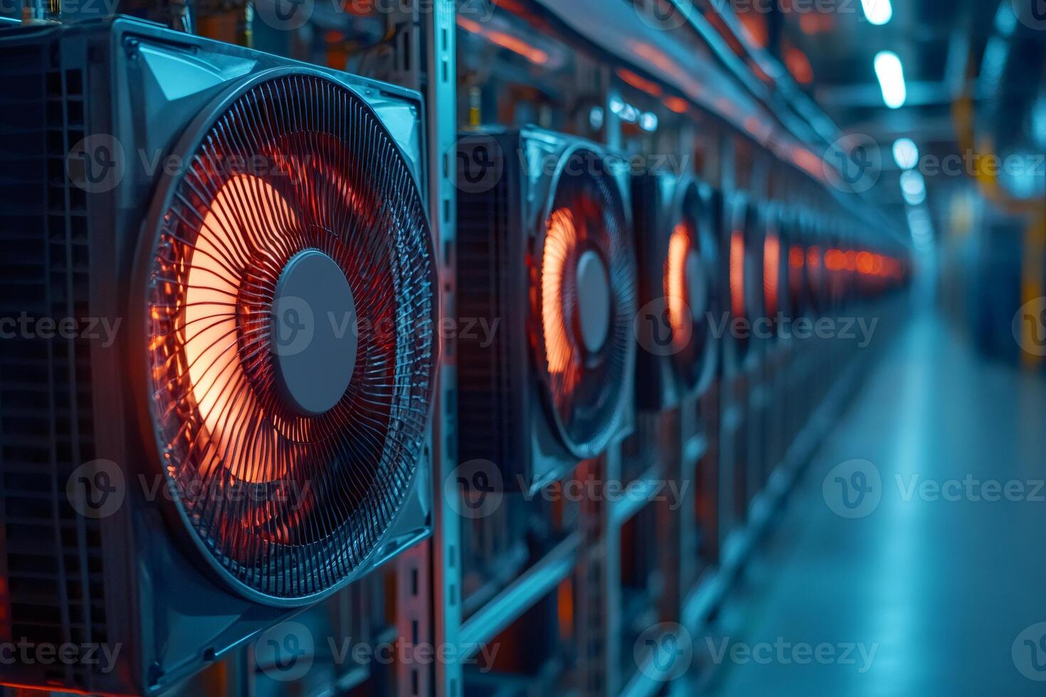 Close up of cooling fans working on mining hardware in a server room photo
