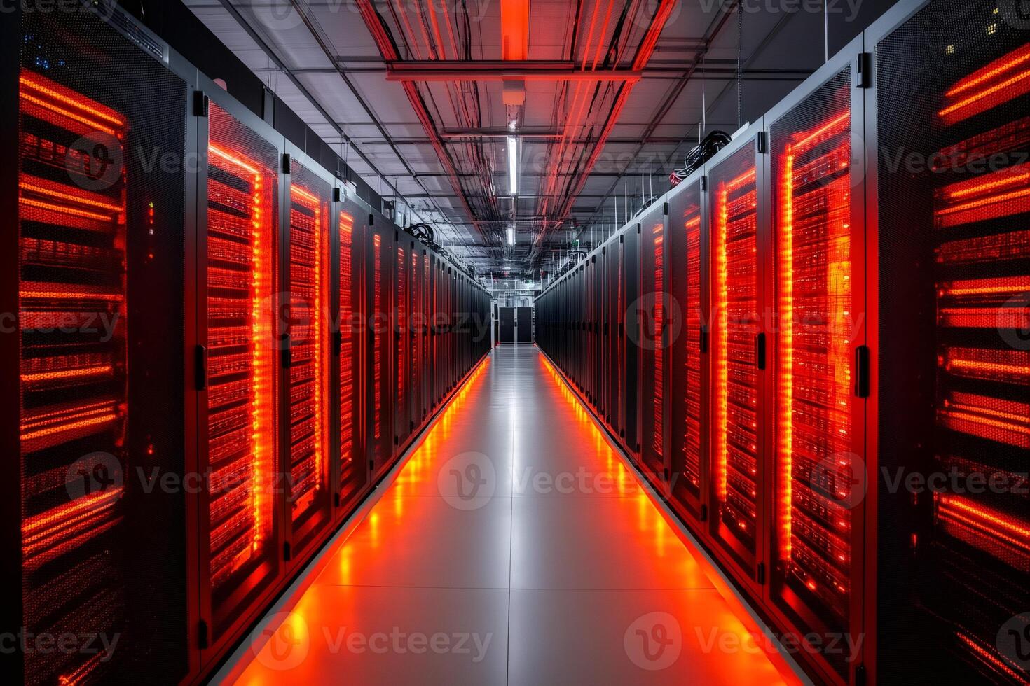 Server Room with Red Lights illuminating Corridor in Data Center photo