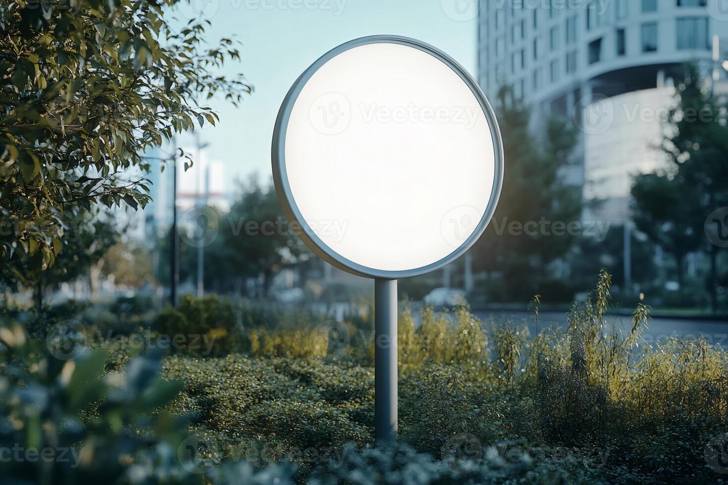 Round billboard standing in city park with blurred background photo