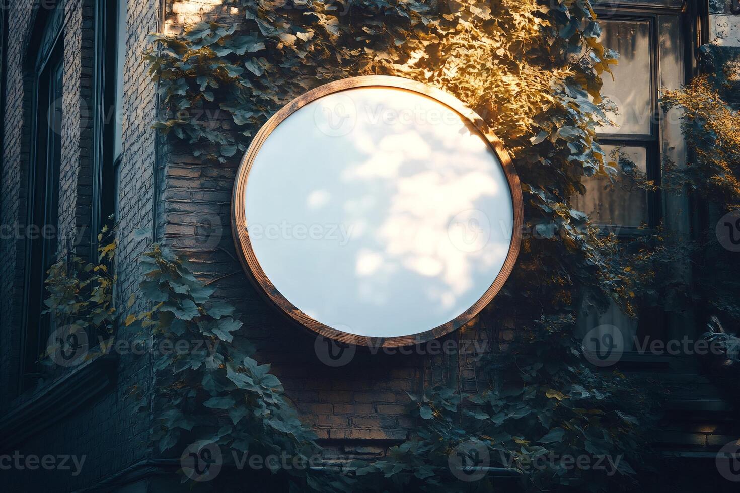 Round wooden frame with white empty signage hanging on ivy covered brick wall of building photo