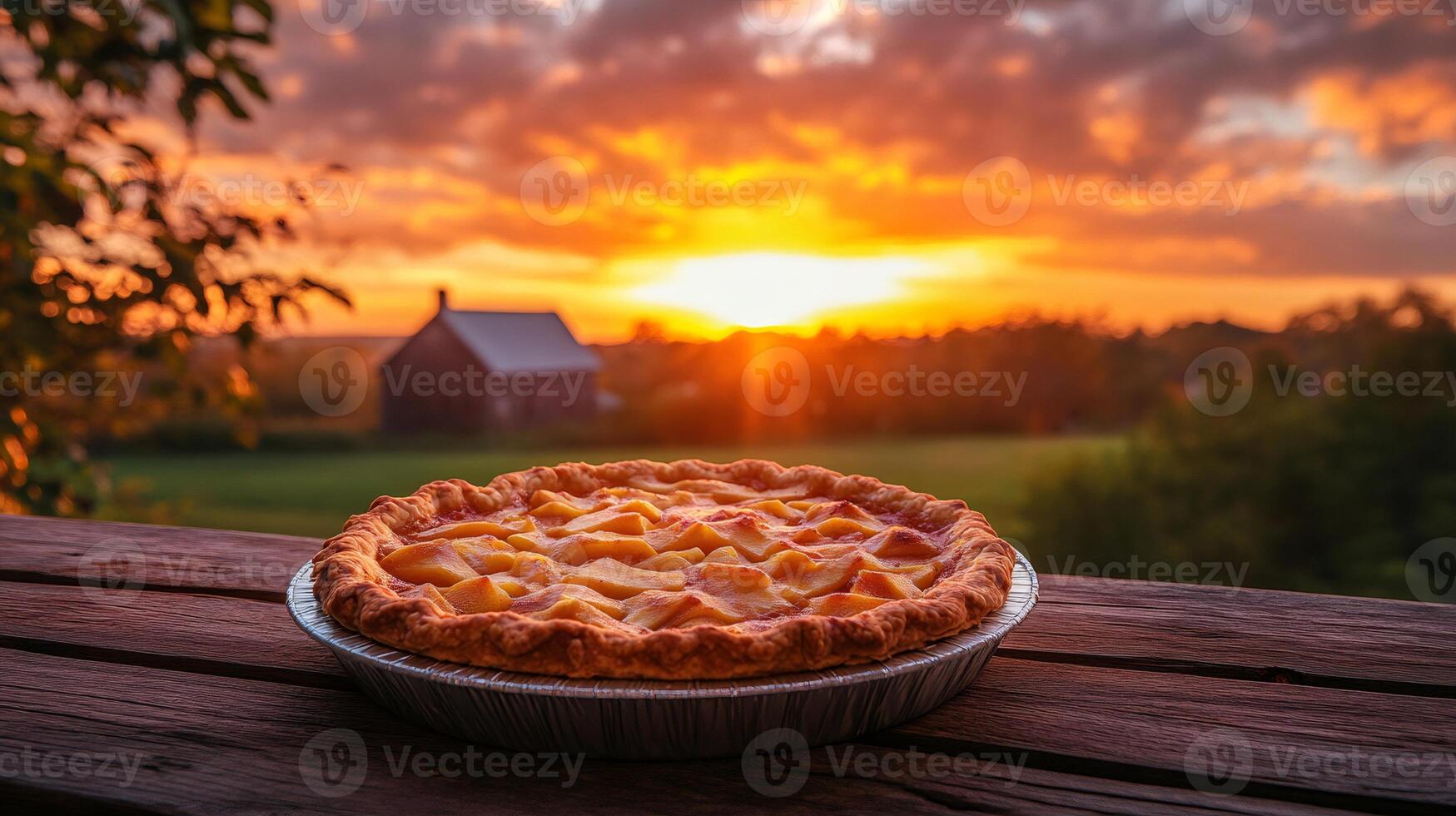 Peach pie sitting on wooden porch railing during sunset over farm photo