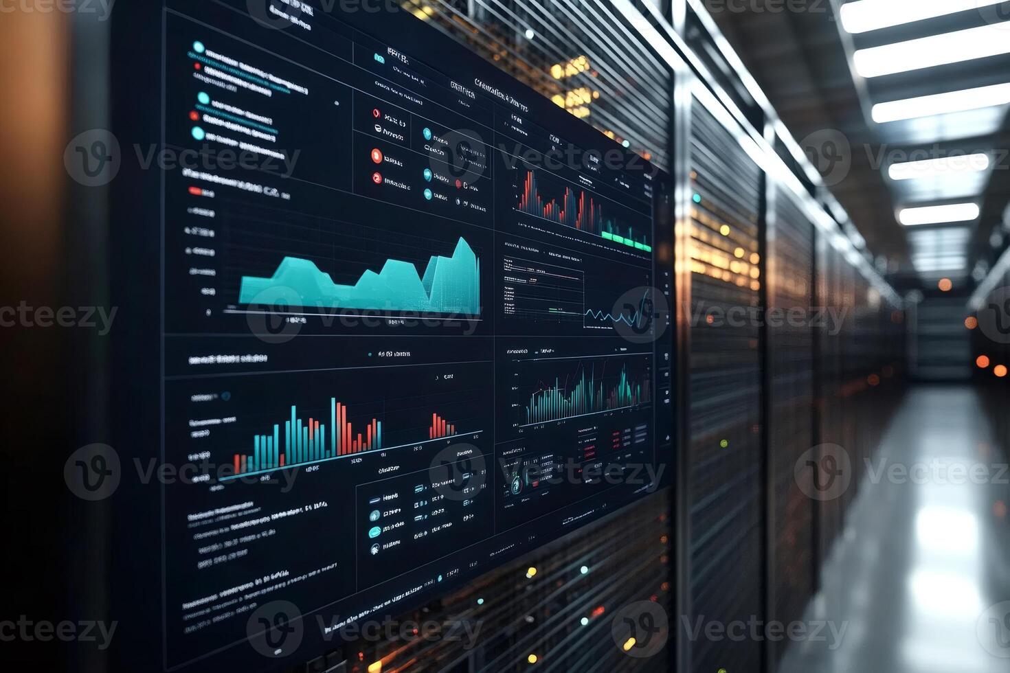 Server racks showing graphs and statistics on screen in data center photo