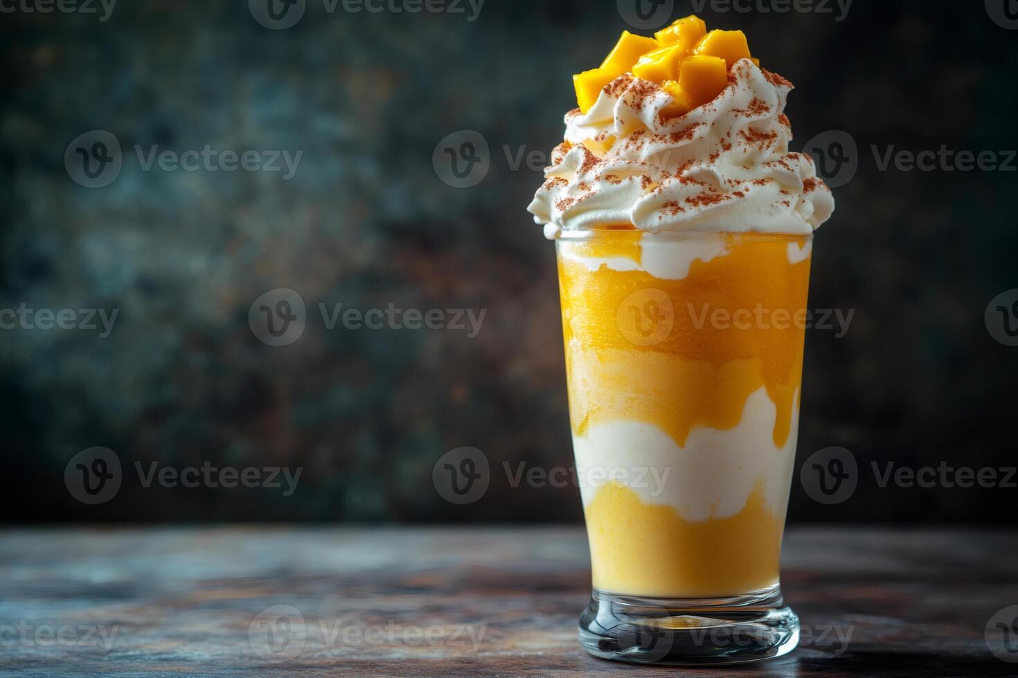 Delicious mango milkshake topped with whipped cream and diced mango photo
