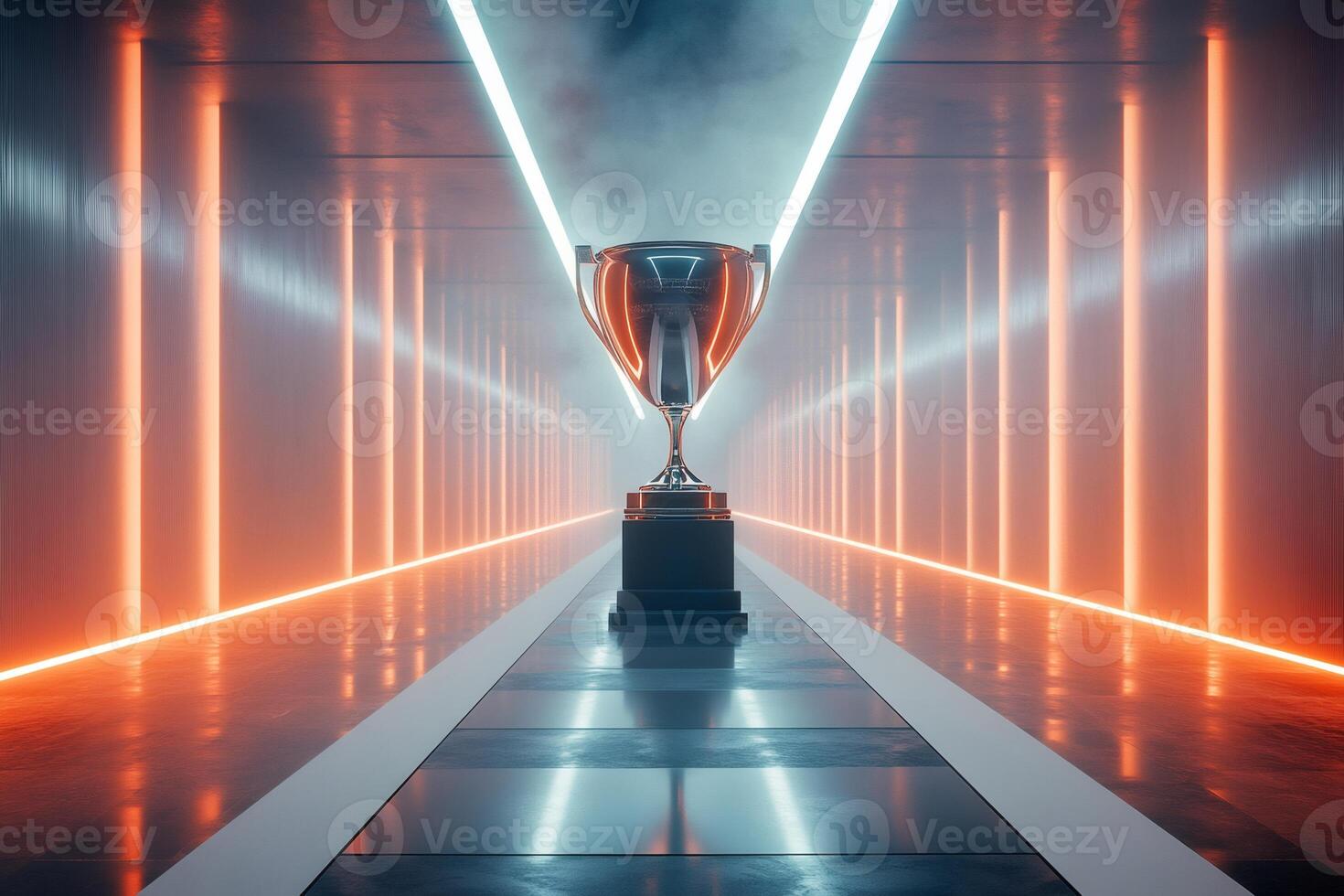 Silver trophy standing at the end of a long corridor with neon lights photo