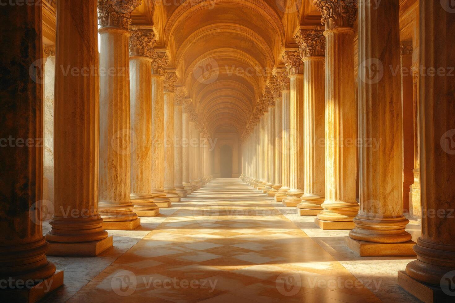 Majestic colonnade bathed in golden light inside a palace photo