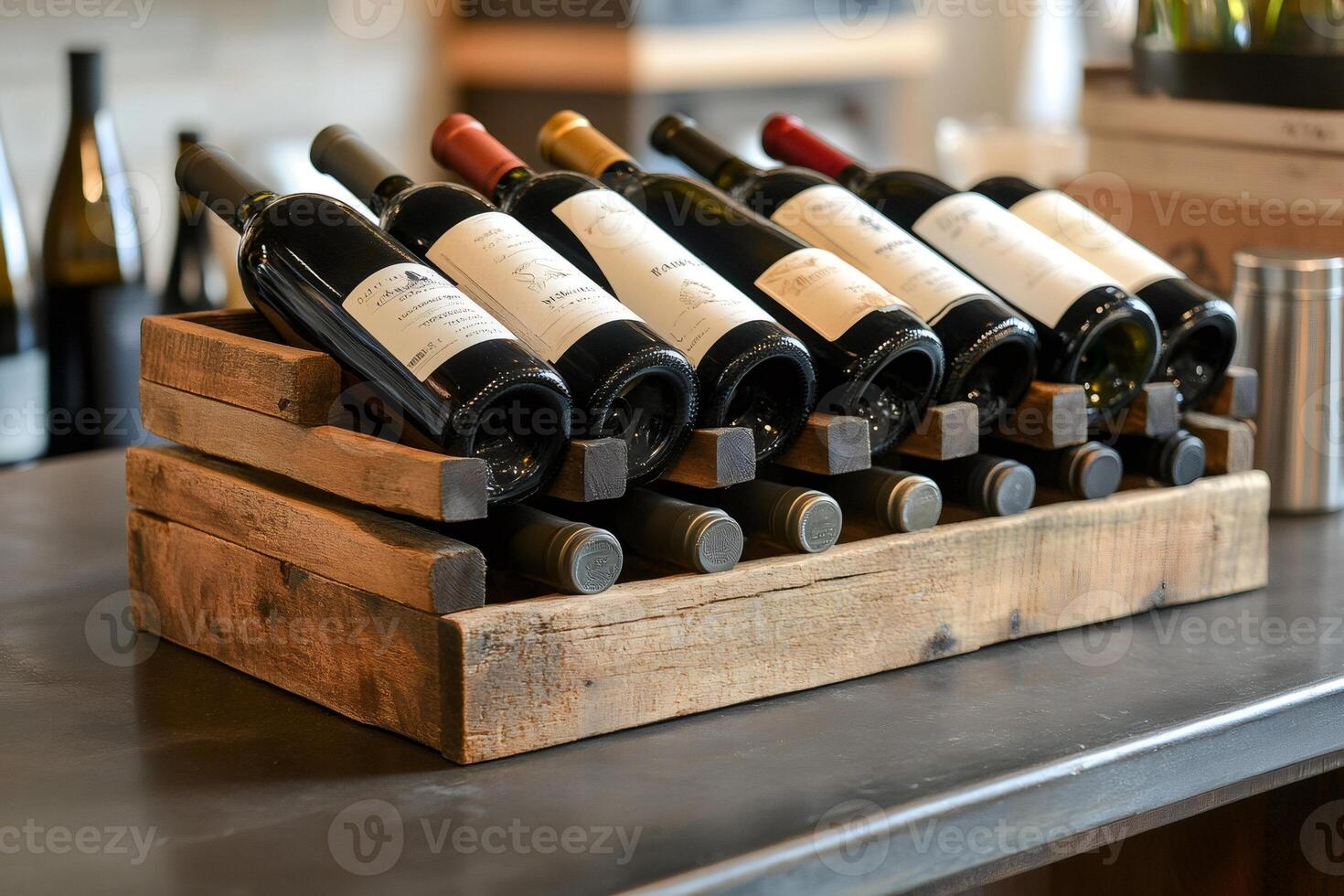 Wine bottles displayed on a wooden rack, ready for serving or storage photo