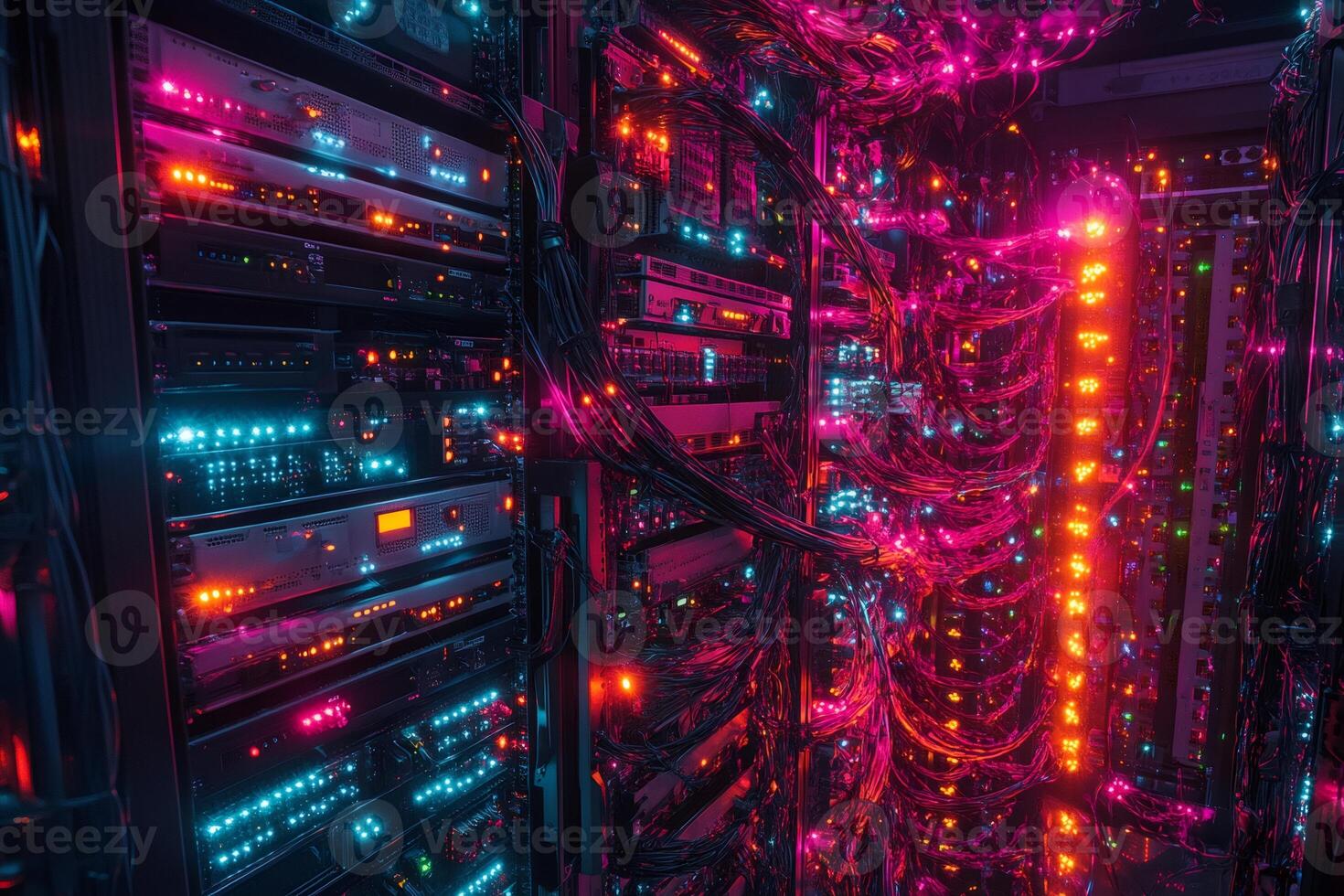 Server racks with colorful cables and lights illuminating data center photo