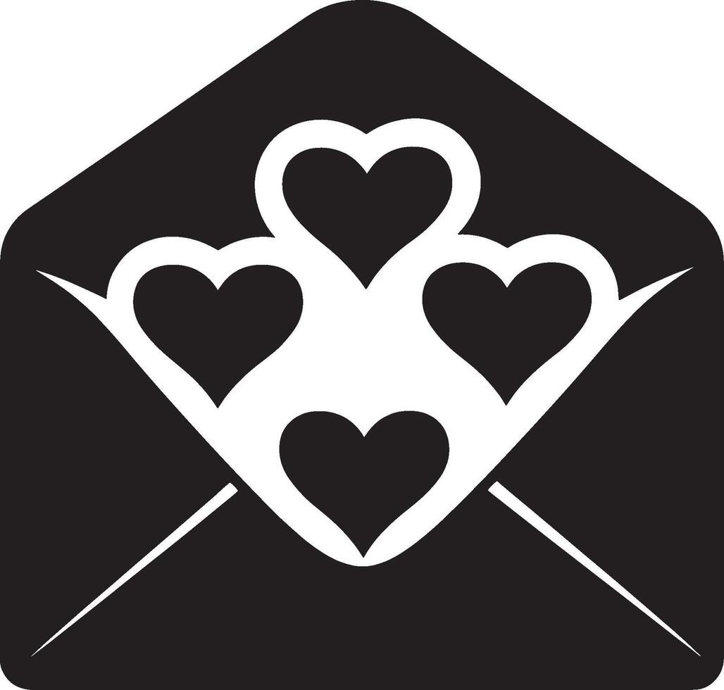 Black illustration of an envelope with hearts in a clean, simple silhouette vector