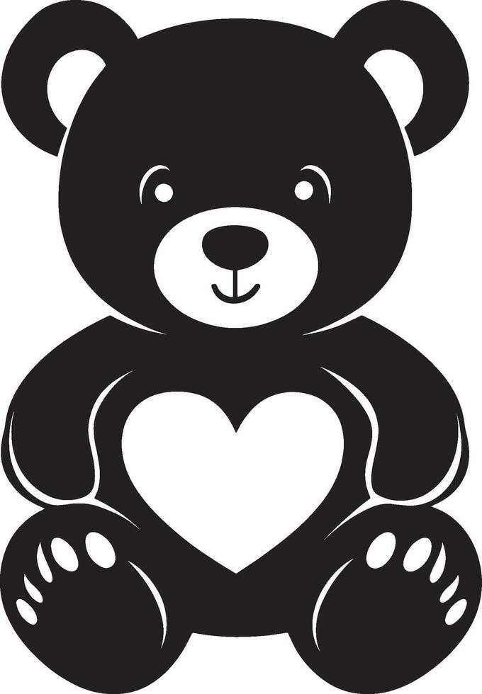 Black illustration of a teddy bear with a heart in a clean, simple silhouette vector