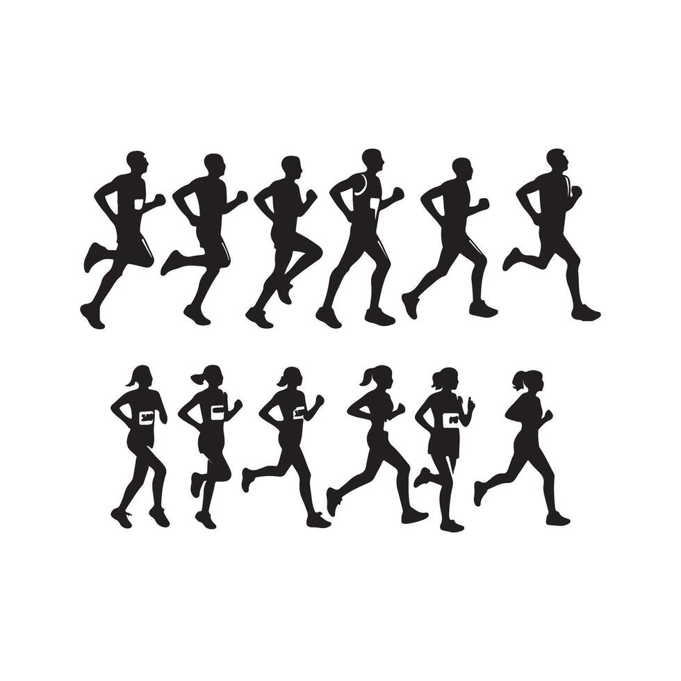 Silhouettes of people running in different positions vector