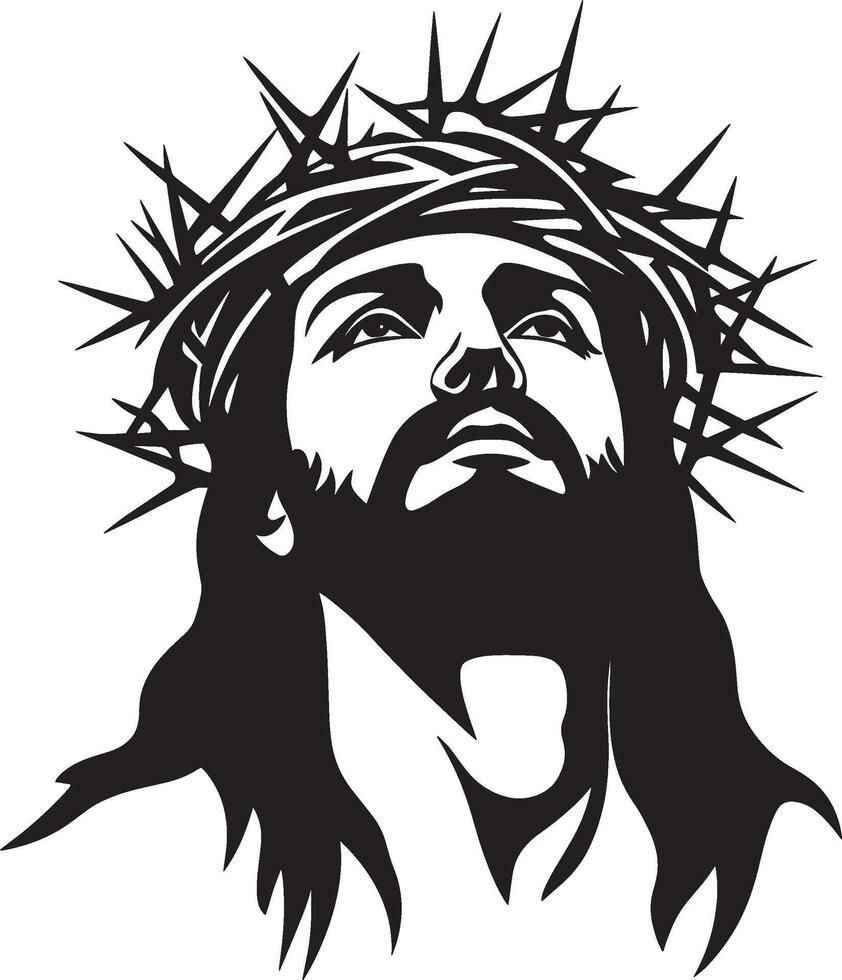 Black illustration of Jesus wearing a crown of thorns in a clean, simple icon silhouette vector