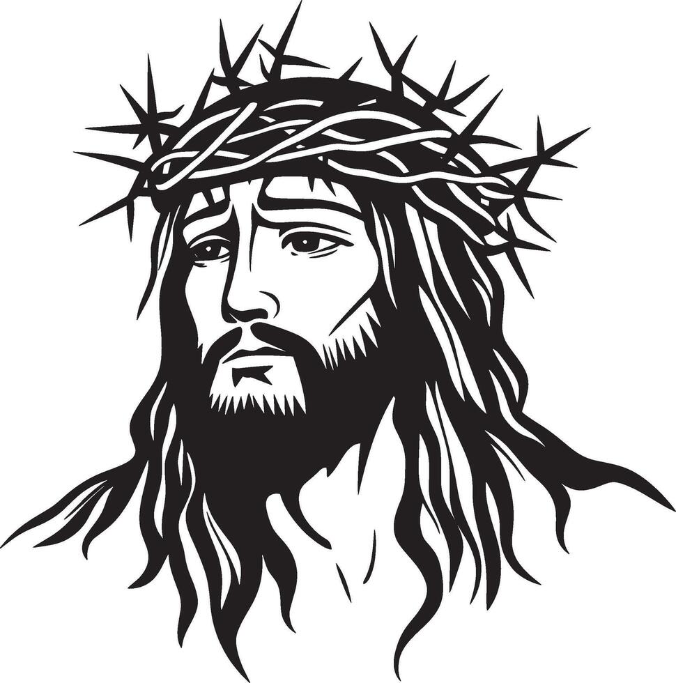 Black illustration of Jesus wearing a crown of thorns in a clean, simple icon outline vector