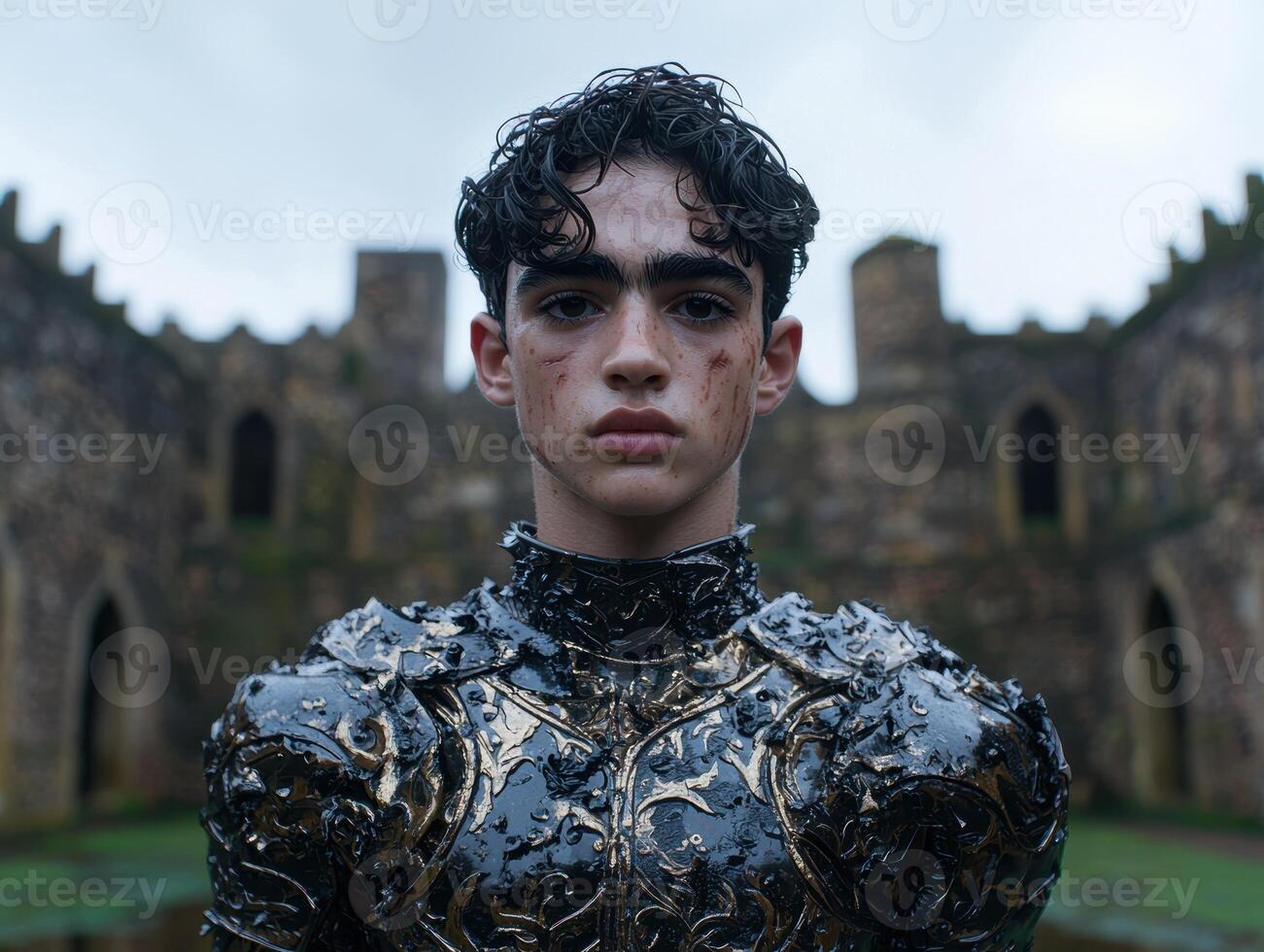 Young man in medieval armor stands before a castle photo