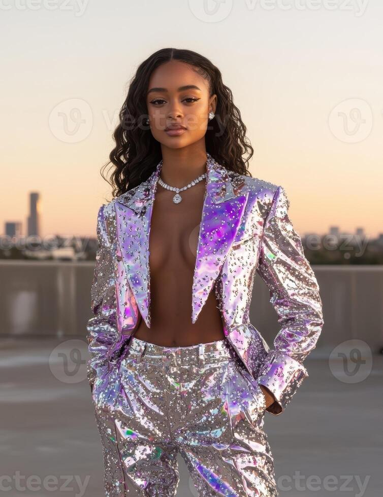 Stylish model posing in iridescent suit photo
