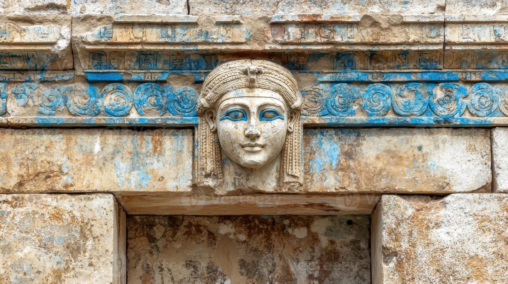 Ancient stone carving of a womans face with blue accents photo