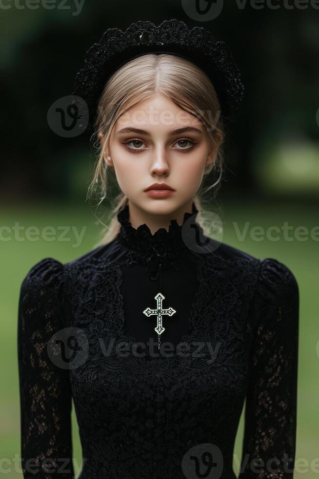 Gothic fashion model wearing black lace dress and headpiece photo