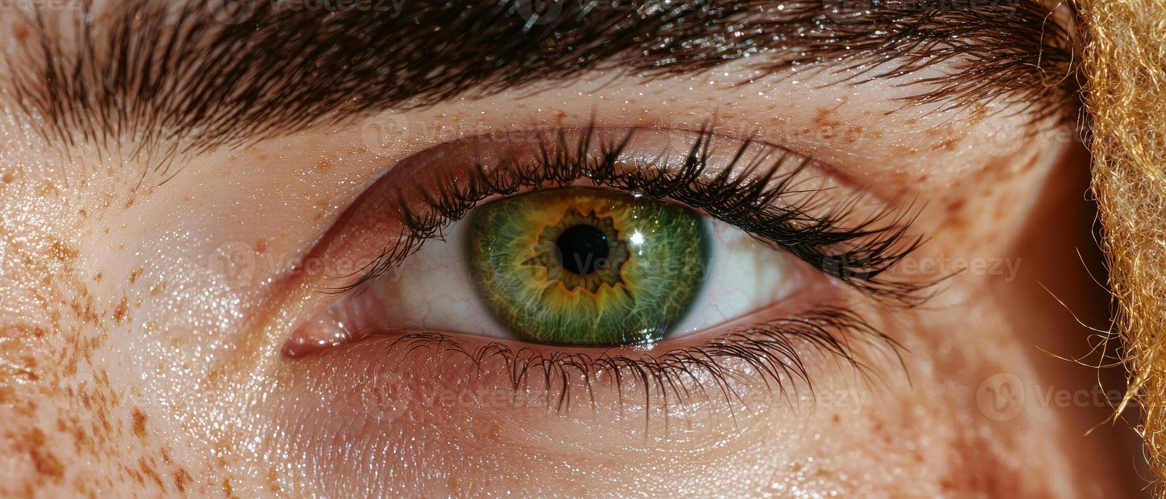 Close up of a green eye with freckles. photo