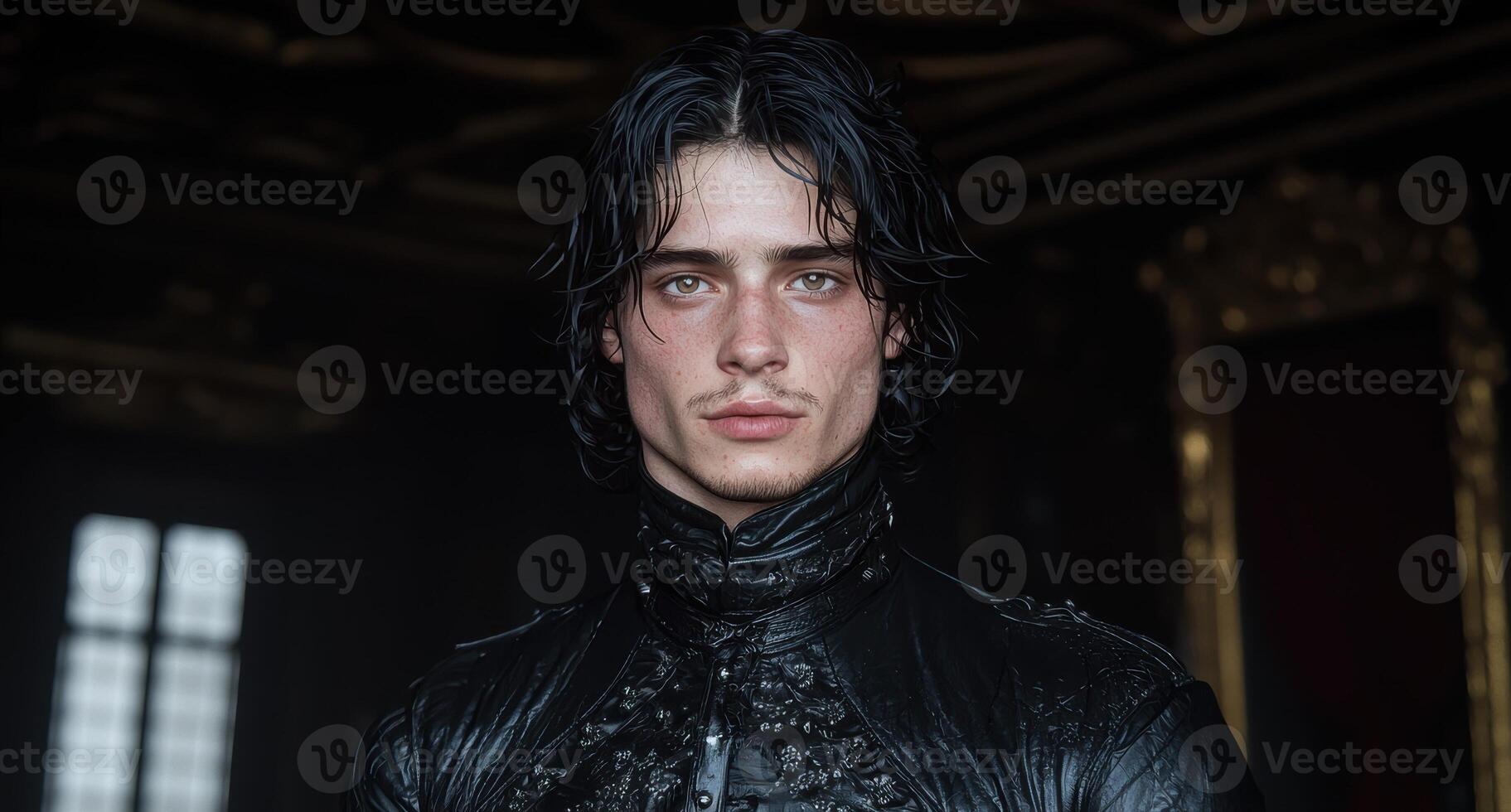 Portrait of a young man with long dark hair, wearing a black jacket photo