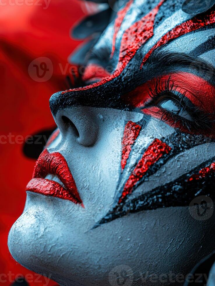 Close up of a womans face with artistic makeup, red and black patterns photo
