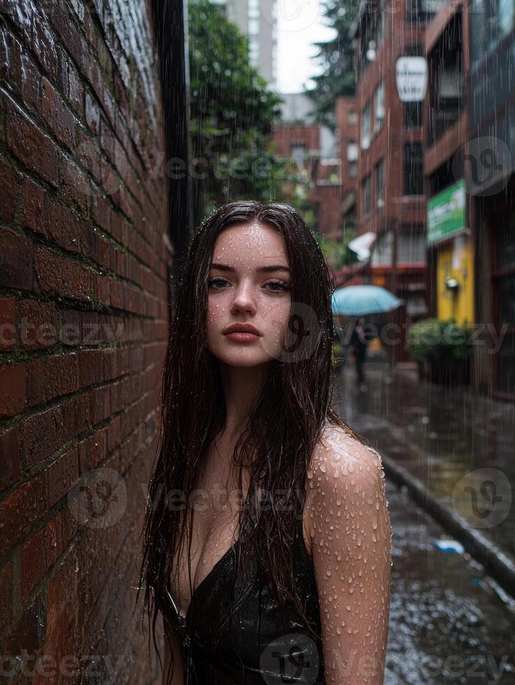 Woman standing in alleyway during rain photo