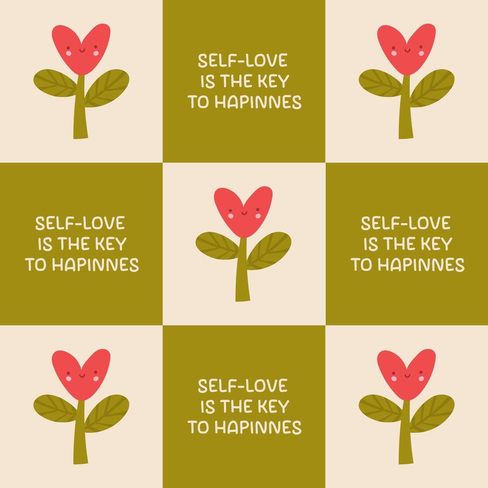 Simple illustration of a plant with a heart-shaped flower and motivational slogan. Self-love is the key to happiness. Seamless pattern with cute heart. illustration, hand drawn style vector