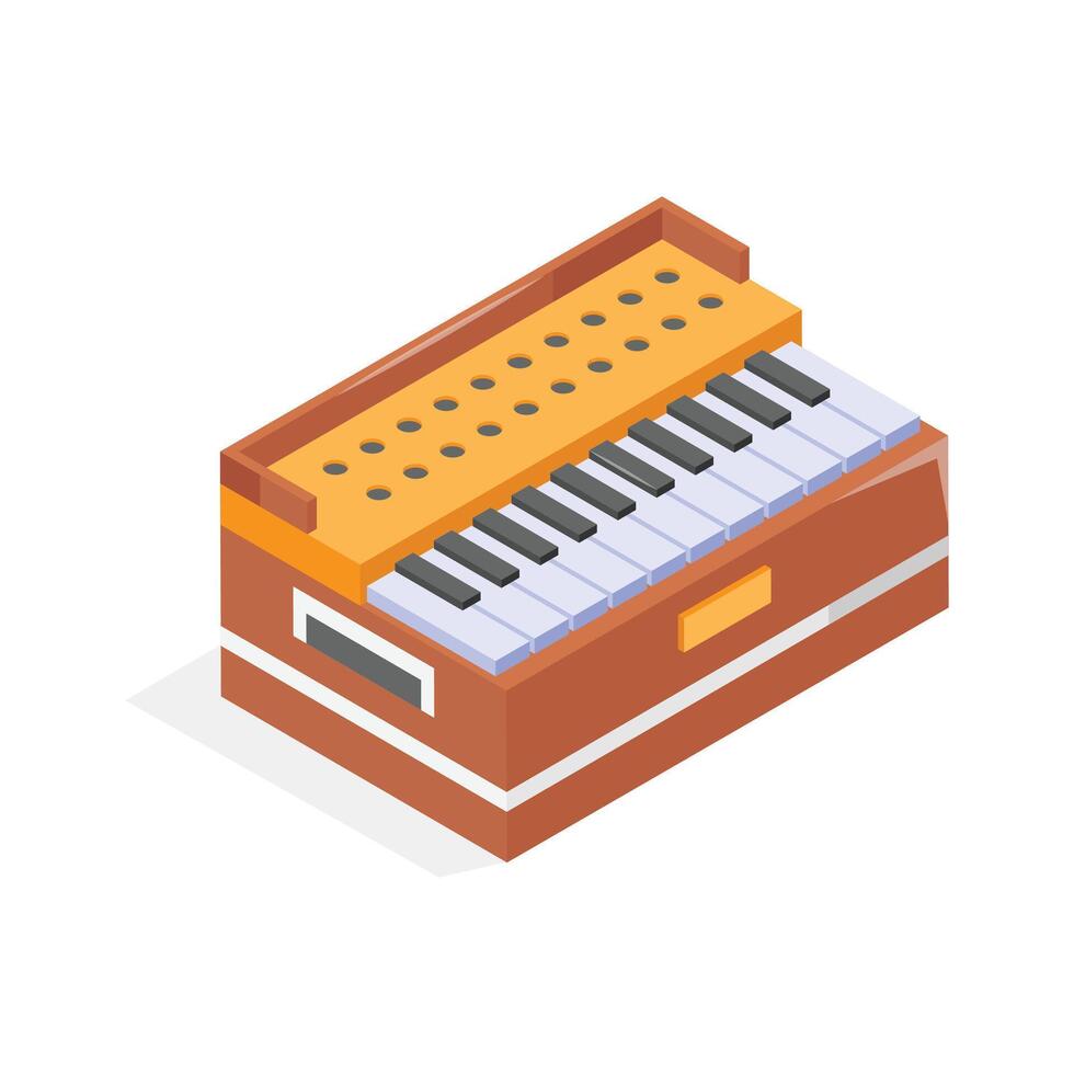 This vibrant isometric icon showcases a traditional Indian harmonium vector