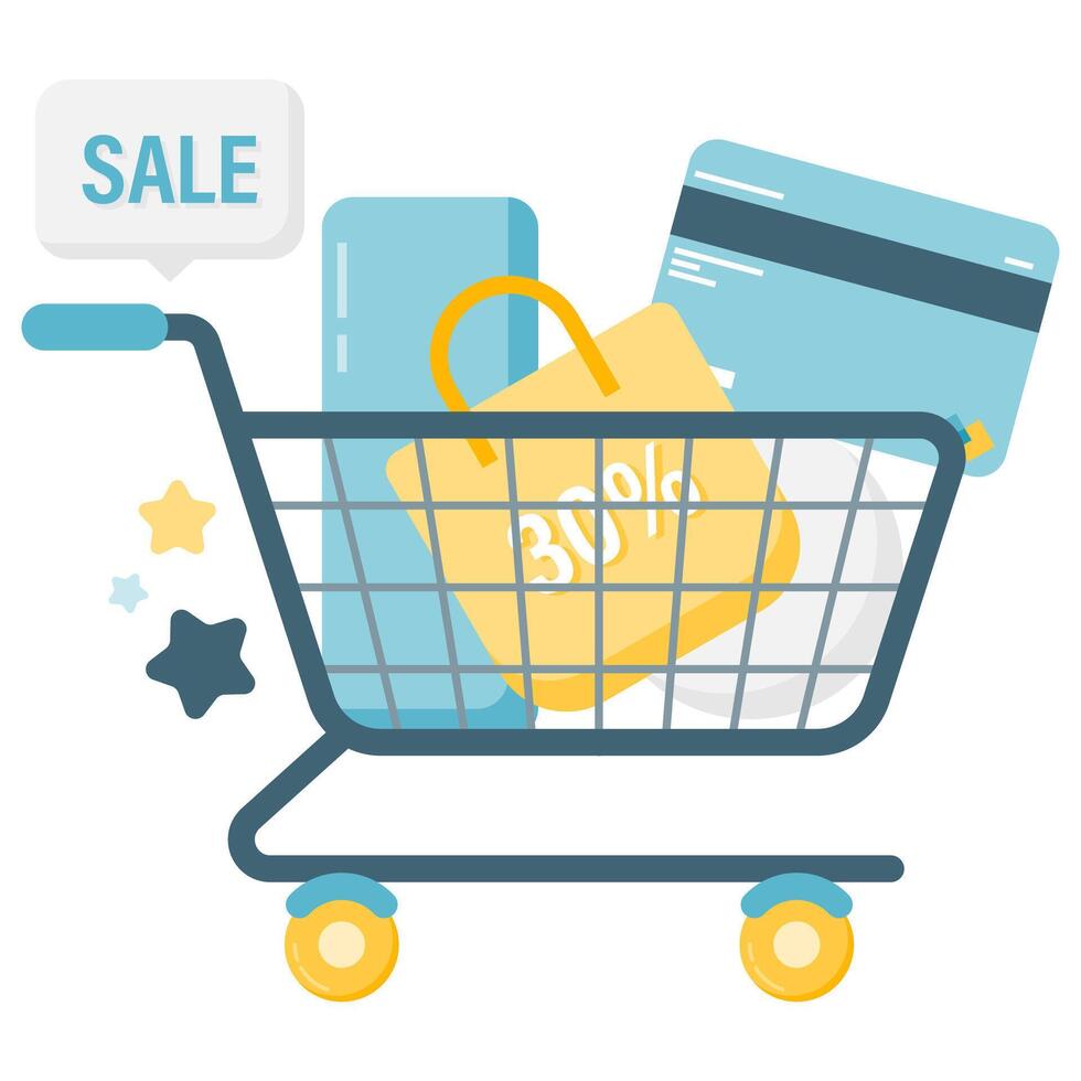 shopping cart with a discount labeled bag and a credit card vector