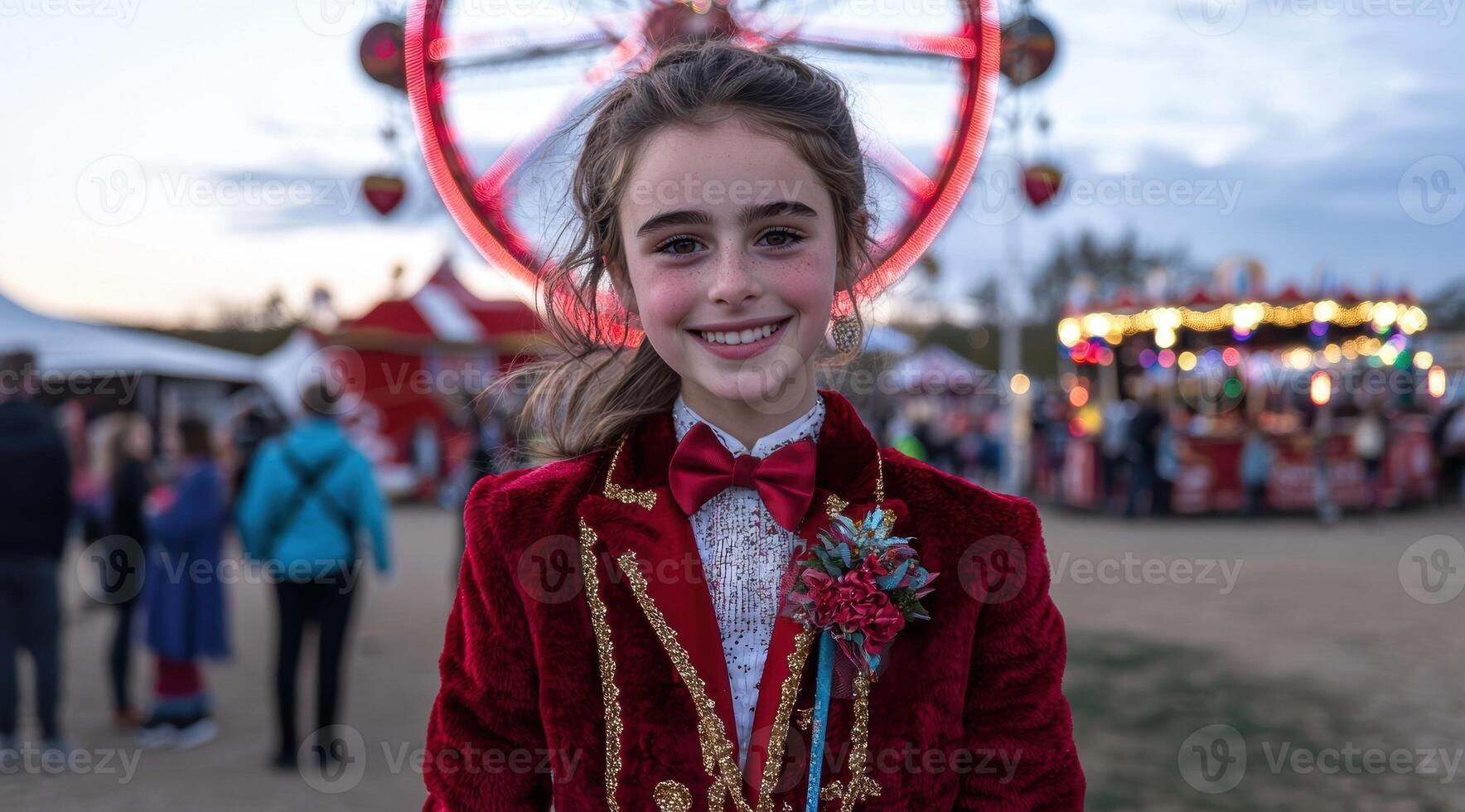 Smiling girl in red jacket at a fair photo