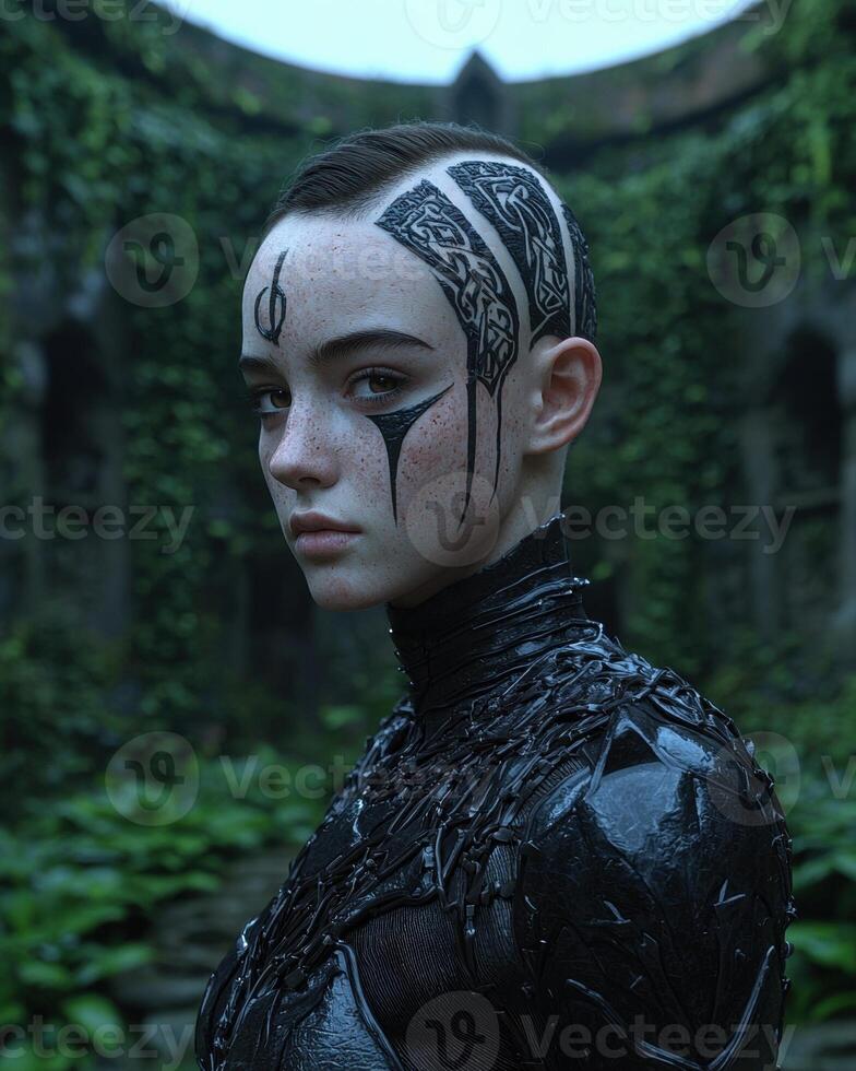 A young woman with striking face paint and head tattoos stands in a lush, overgrown environment photo